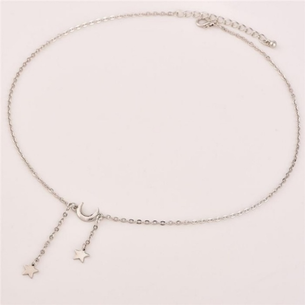 Moon & Stars Necklace Silver Dainty Chain Choker - Picture 2 of 3
